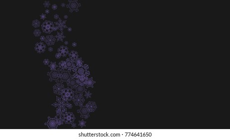Snowflake border with ultraviolet snow. Winter frame for gift coupons, vouchers, ads, party events. Christmas background with snowflake border for holiday banner. New Year frosty backdrop