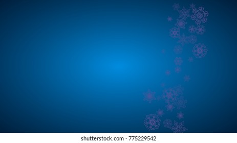 Snowflake border with ultraviolet snow. Winter frame for gift coupons, vouchers, ads, party events. Christmas background with snowflake border for holiday banner. New Year frosty backdrop