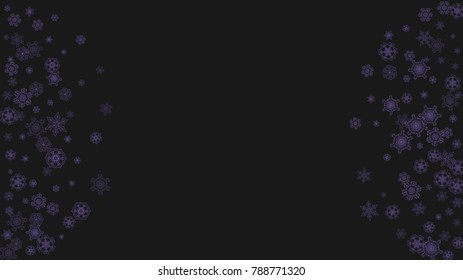 Snowflake border with ultraviolet snow. Winter frame for flyer, gift card, invitation, business offer and ad. Christmas background with snowflake border for holiday banner. New Year snowy backdrop
