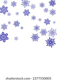 Snowflake border with white background, winter time. Colorful gradient snow flakes falling winter vector background in pink purple, blue, grey.