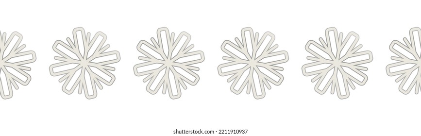 Snowflake brush. Seamless border. Isolated on white background. Vector illustration. For greeting card, invitation, tag. Hand drawn.