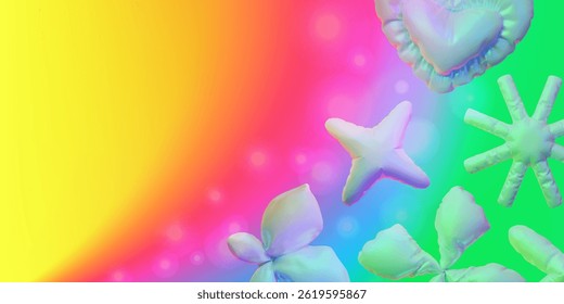 Snowflake, butterfly, star and heart shapes from inflated balloons on rainbow colorful gradient. 3D vector abstract background. Festive wallpaper. Romantic air figure decoration