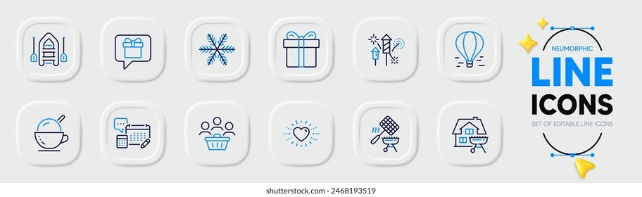 Iconos de la línea del copo de nieve, de los compradores y de la caja del regalo para el App del Web. Paquete de globo de aire, cohete de fuegos artificiales, iconos de pictograma de barco. Lista de deseos, helado, signos del corazón. Parrilla casera, cesta de la parrilla, Cuenta. Vector