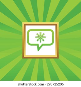 Snowflake in chat bubble, in golden frame, on green abstract background