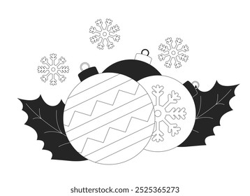 Snowflake bolas de Natal holly deixa ilustração de linha preta e branca. Xmas ornamentos folhagem evergreen objetos lineares 2D isolados. Imagem de contorno de vetor monocromático de adornos de feriado de inverno