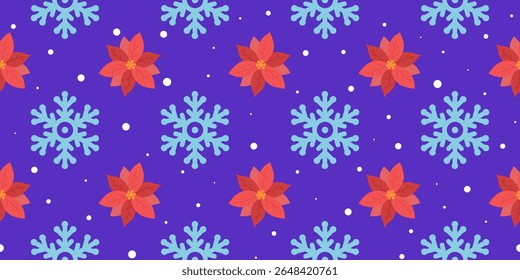 Floco de neve e flor de natal em um fundo violeta. Padrão perfeito sob a máscara de corte, conveniente para edição. Fundo festivo para papel, tampa, têxtil, envoltório de presente.