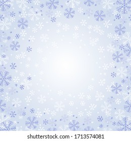 Snowflake christmas frame on blue background. Sketchy vector illustration.