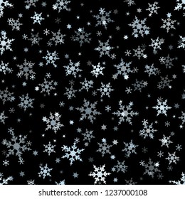 Snowflake Christmas and new year seamless pattern, black background. Vector winter illustration with white blue falling snow.