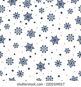 Snowflake Christmas seamless Pattern. Blue snow on white background. Abstract wallpaper, wrapping decoration. Concept of winter holidays, Merry Christmas, Happy New Year celebration. Vector.