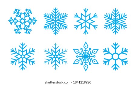 Copo de nieve para Navidad. Flake de nieve para el invierno. Iconos azules. Patrón de estrellas de hielo. Conjunto de símbolos de cristal frío sobre fondo blanco. Resumen de la colección de vacaciones para diciembre. El clima nevado. Vector.
