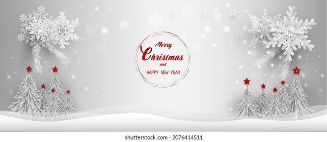 Snowflake with Christmas tree. 3D design of vector illustration