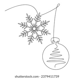 Snowflake Christmas tree ball bauble line continuous drawing vector. Hand drawn illustration, graphic design, print, banner, card, poster, sign, symbol, logo, festive ornament, holiday decor icon.