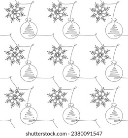 Snowflake Christmas tree ball bauble line continuous background. Vector seamless pattern. Hand drawn graphic illustration, banner, card, poster, festive ornament, wallpaper, wrapping paper print.