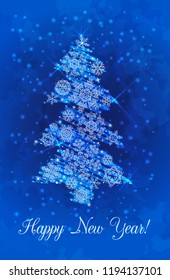 Snowflake Christmas tree on a dark blue background. Vector greeting card.