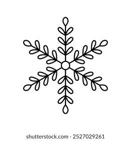 Icono de Vector de Navidades de copo de nieve. Línea de nieve negra aislada sobre fondo blanco. Contorno de silueta de cristal congelado. Linda ilustración de congelación de forma de símbolo simple.