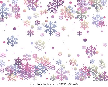 Snowflake and circle elements vector illustration, chaotic winter confetti scatter banner poster background. Colorful gradient snow flakes falling winter vector background in pink purple, blue, grey. 