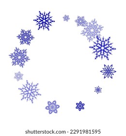 Snowflake and circle elements vector illustration, chaotic winter confetti scatter banner poster background. Colorful gradient snow flakes falling winter vector background in pink purple, blue, grey.