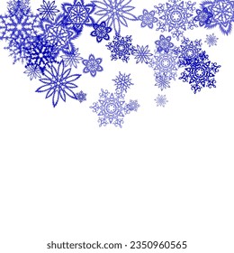 Snowflake and circle elements vector illustration, chaotic winter confetti scatter banner poster background. Chaotic winter snow confetti scatter flyer background.