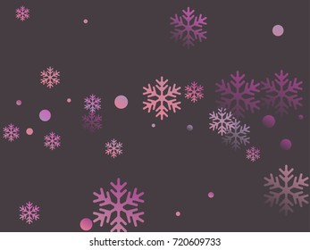 Snowflake and circle elements vector illustration, chaotic winter confetti scatter banner or poster background. Colorful gradient snow flakes falling winter vector background in pink, grey, brown. 