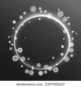 Snowflake circle frame.  Realistic vector illustration isolated on dark grey background. Design element for Christmas.
