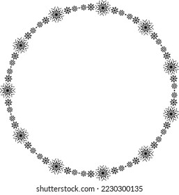 Snowflake circle frame. Winter snowflake round border. Design elements for Christmas and New Year greeting cards and banners. Holiday decoration isolated on white background.