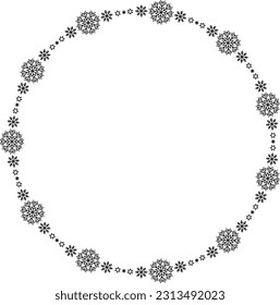 Snowflake circle frame. Winter snowflake round border. Design elements for Christmas and New Year greeting cards and banners. Holiday decoration isolated on white background.