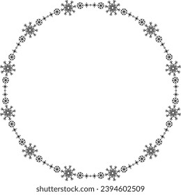 Snowflake circle frame. Winter snowflake round border. Design elements for Christmas and New Year greeting cards and banners. Holiday decoration isolated on white background.