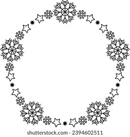 Snowflake circle frame. Winter snowflake round border. Design elements for Christmas and New Year greeting cards and banners. Holiday decoration isolated on white background.