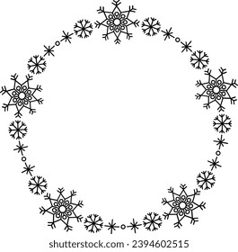 Marco de círculo de copo de nieve. Borde redondo de copos de nieve. Diseñar elementos para tarjetas de felicitación y banners de Navidad y Año Nuevo. Decoración de vacaciones aislada de fondo blanco.