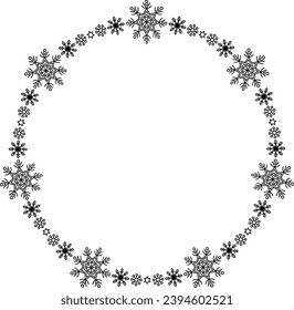 Marco de círculo de copo de nieve. Borde redondo de copos de nieve. Diseñar elementos para tarjetas de felicitación y banners de Navidad y Año Nuevo. Decoración de vacaciones aislada de fondo blanco.