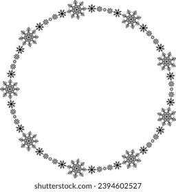 Marco de círculo de copo de nieve. Borde redondo de copos de nieve. Diseñar elementos para tarjetas de felicitación y banners de Navidad y Año Nuevo. Decoración de vacaciones aislada de fondo blanco.