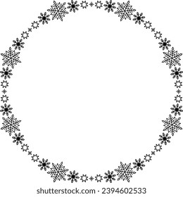 Snowflake circle frame. Winter snowflake round border. Design elements for Christmas and New Year greeting cards and banners. Holiday decoration isolated on white background.