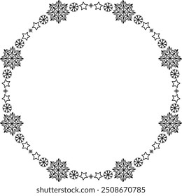 Moldura em círculo de floco de neve. Floco de neve de inverno na borda. Elementos de design para cartões de Natal e Ano Novo e banners. Decoração de férias isolada em fundo branco.