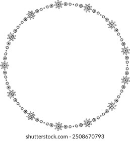 Snowflake circle frame. Winter snowflake round border. Design elements for Christmas and New Year greeting cards and banners. Holiday decoration isolated on white background.