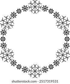 Snowflake circle frame. Winter snowflake round border. Design elements for Christmas and New Year greeting cards and banners. Holiday decoration isolated on white background.