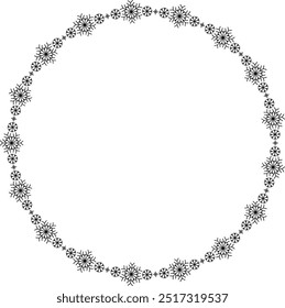 Snowflake circle frame. Winter snowflake round border. Design elements for Christmas and New Year greeting cards and banners. Holiday decoration isolated on white background.