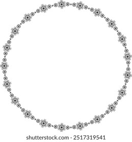 Snowflake circle frame. Winter snowflake round border. Design elements for Christmas and New Year greeting cards and banners. Holiday decoration isolated on white background.