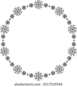 Snowflake circle frame. Winter snowflake round border. Design elements for Christmas and New Year greeting cards and banners. Holiday decoration isolated on white background.