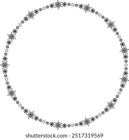 Snowflake circle frame. Winter snowflake round border. Design elements for Christmas and New Year greeting cards and banners. Holiday decoration isolated on white background.