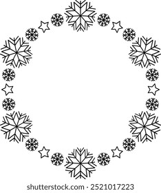 Schneeflocken-Kreisrahmen. Winter Schneeflocke rund Grenze. Designelemente für Weihnachts- und Neujahrsgrußkarten und Banner. Feriendekoration einzeln auf weißem Hintergrund.
