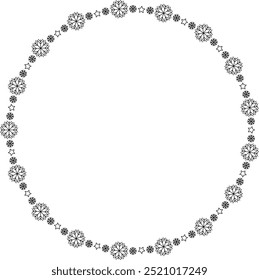 Snowflake circle frame. Winter snowflake round border. Design elements for Christmas and New Year greeting cards and banners. Holiday decoration isolated on white background.
