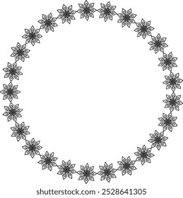 Schneeflocken-Kreisrahmen. Winter Schneeflocke rund Grenze. Designelemente für Weihnachts- und Neujahrsgrußkarten und Banner. Feriendekoration einzeln auf weißem Hintergrund.