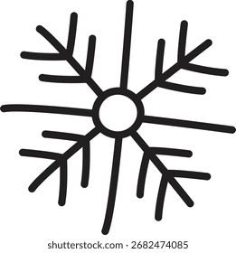 A snowflake with a circular center and branching lines in a geometric style. The design features symmetrical branches extending from the core. Cartoon vector illustration.