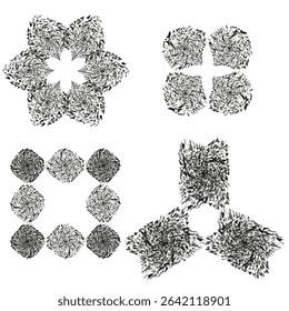 Snowflake cluster vector. Detailed crystal forms. Black symmetrical pattern. White background layout.