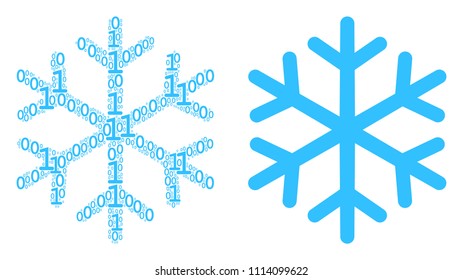 Snowflake collage icon of zero and one symbols in variable sizes. Vector digits are grouped into snowflake collage design concept.