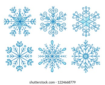 Snowflake collection. Cute hand drawn designs. Frozen blue vector illustration, isolated on white background. Set 2 of 2.