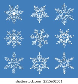 Snowflake collection in flat style. Abstract shapes of snow. Set of hand drawn particles of ice. 