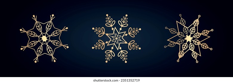 Snowflake collection. Golden silhouette. Vector on a blue background