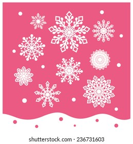 Snowflake collection groups isolated on pink with mountain view, vector