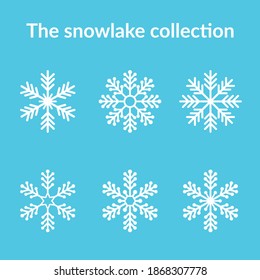 The snowflake collection is isolated on the blue background.